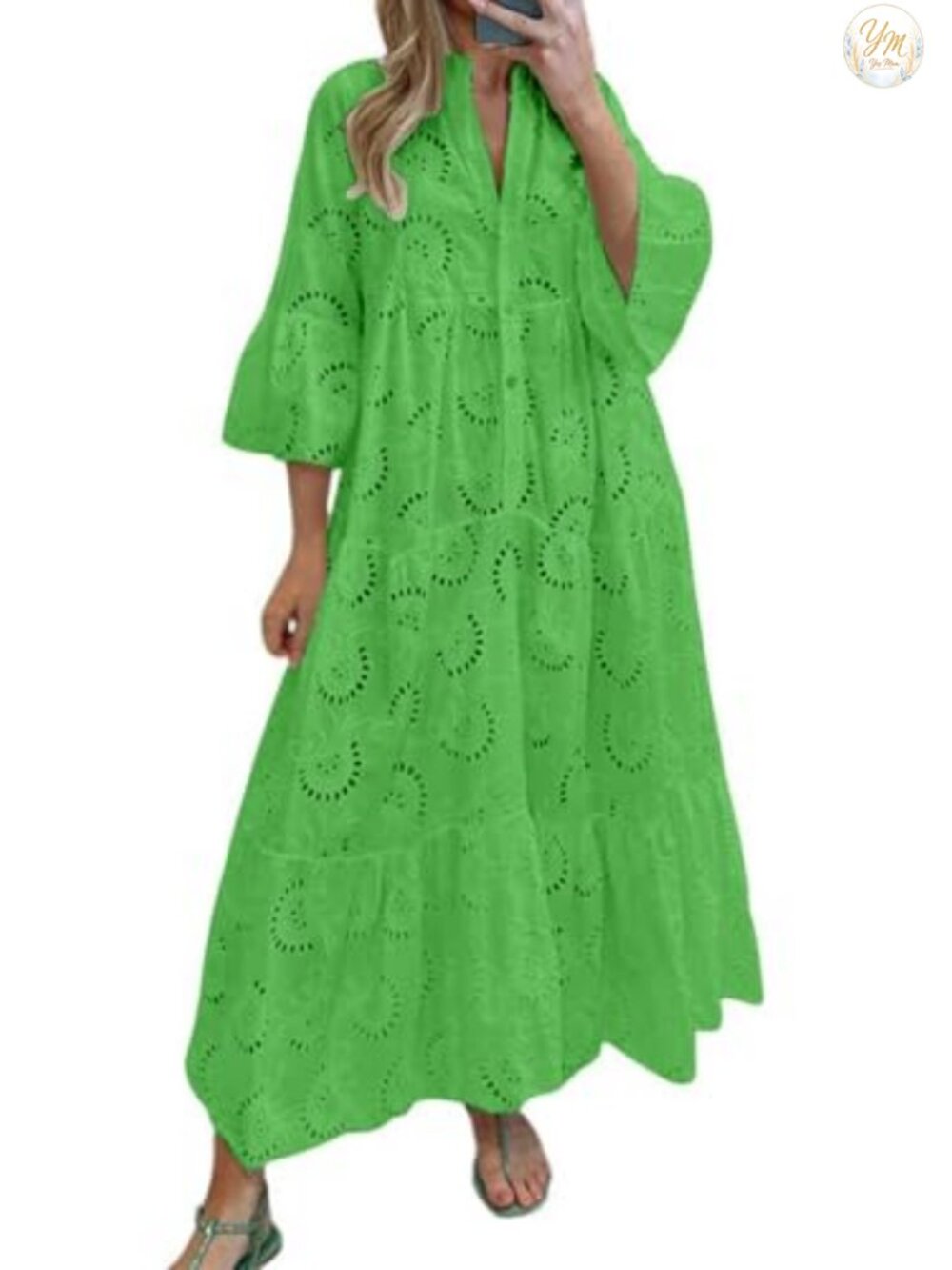Lace Eyelet Embroidery Maxi Dress V-Neck Trumpet Sleeve Boho Flowy Swing